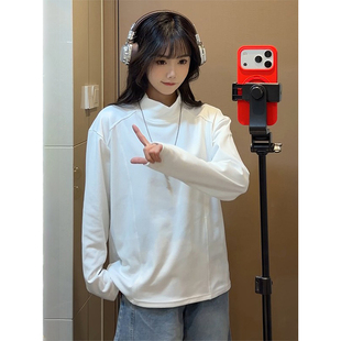 白色德绒半高领长袖t恤男款秋冬解构正肩卫衣cleanfit内搭打底衫