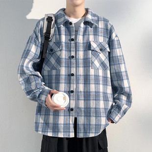 天空蓝毛呢格子衬衫男女秋冬款美式vnitage外套重磅叠穿呢子衬衣
