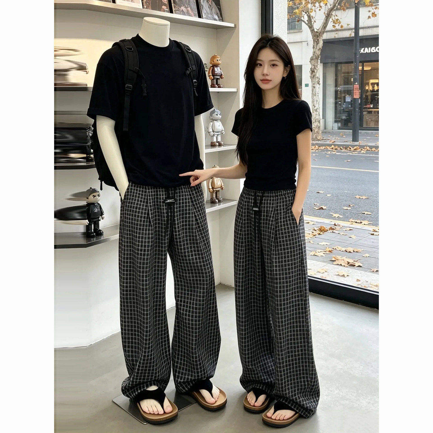 黑色泡泡纱速干格子阔腿裤男夏季薄款冰丝弯刀裤宽松直筒休闲裤子