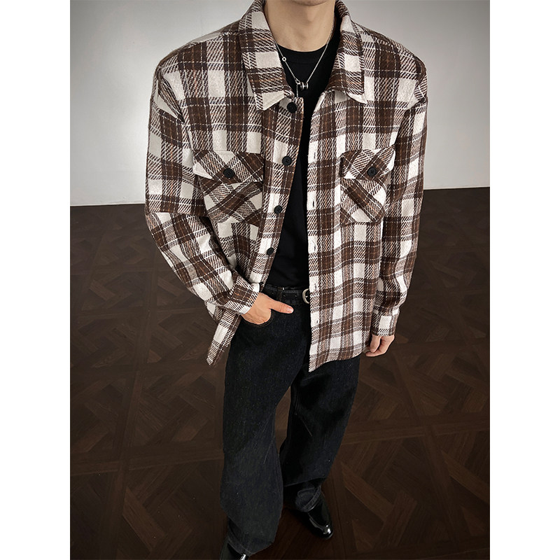 复古毛呢格子外套男女秋冬新款重磅翻领夹克cleanfit格纹衬衫上衣