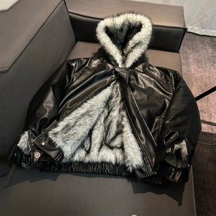 美式黑色连帽座山雕皮衣外套棉服男冬季加绒加厚痞帅毛领棉衣夹克
