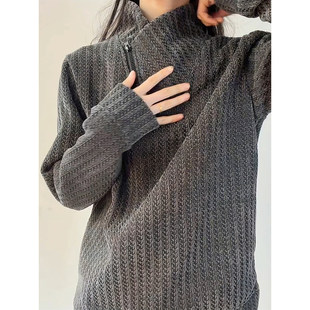 鱼骨纹美式斜领拉链卫衣男款秋冬加绒重磅长袖t恤立领内搭打底衫