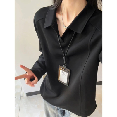 黑色美式正肩polo衫卫衣男秋季重磅翻领长袖t恤高级感内搭打底衫