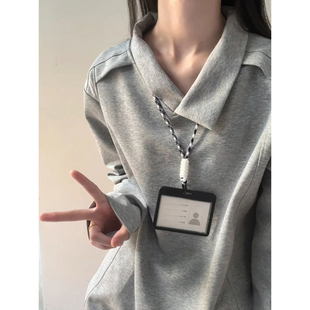 浅灰色超好看正肩polo衫男女早秋薄款卫衣美式不规则翻领长袖t恤