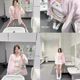 美式复古粉色条纹Polo领衬衫外套男女秋宽松休闲长袖衬衣外搭上衣