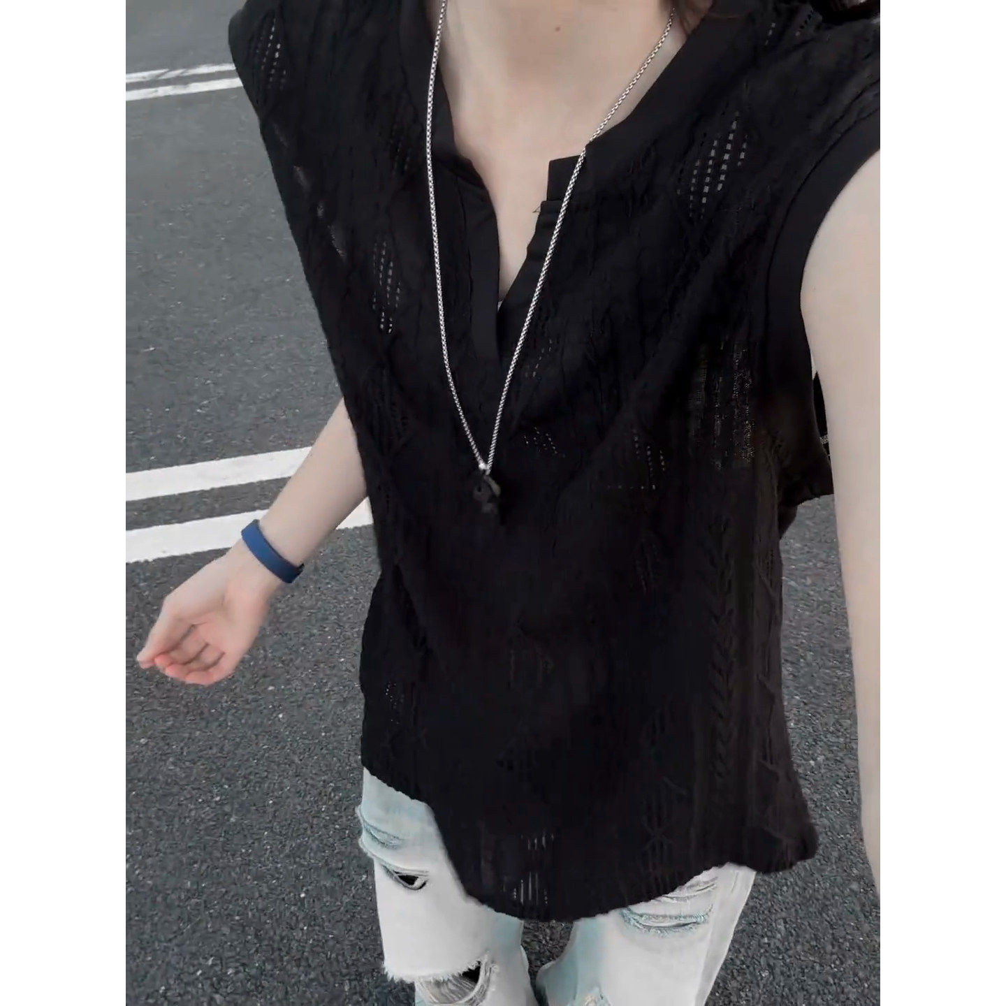 黑色肌理感镂空v领背心男款夏季凉感透气无袖t恤美式运动坎肩汗衫
