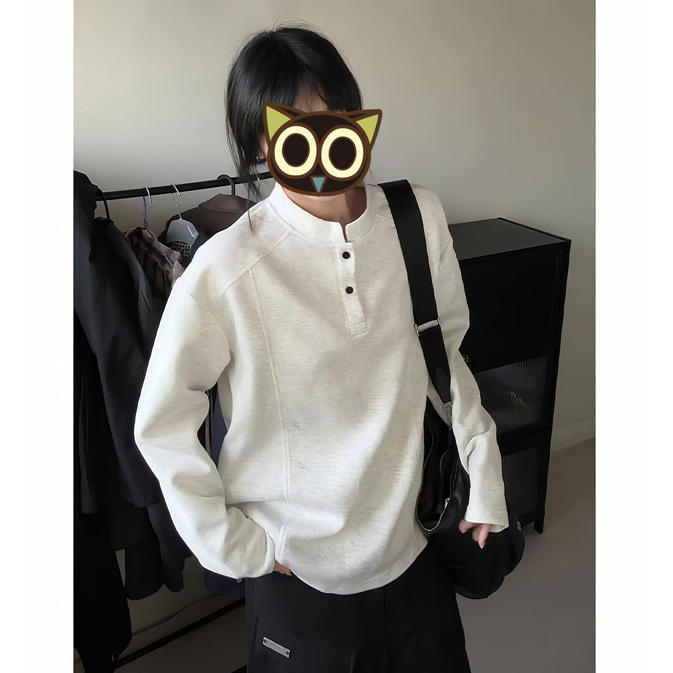 白灰色美式正肩亨利领长袖t恤男秋季重磅解构百搭卫衣立领打底衫