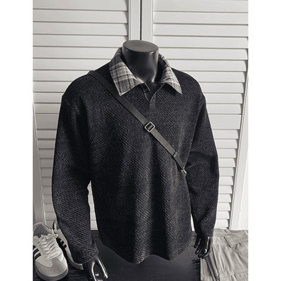 小香风粗织条纹polo衫男女秋季格子拼接正肩翻领长袖t恤情侣卫衣