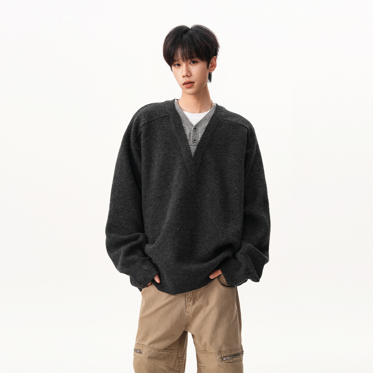 假两件V领针织衫毛衣男秋冬新款复古慵懒风polo套头宽松长袖外套