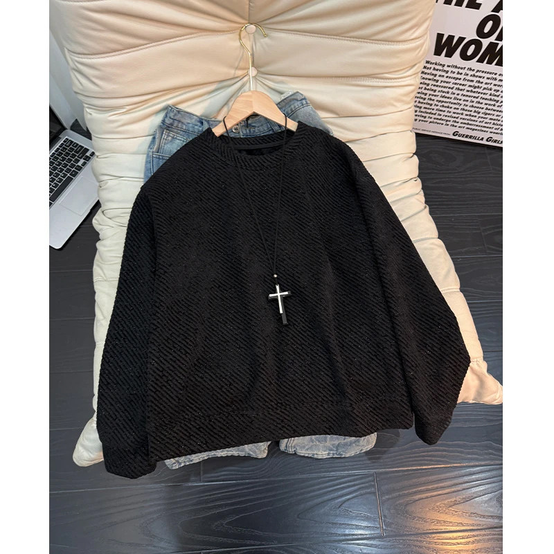 黑色满天星条纹圆领卫衣男款冬季加绒加厚长袖t恤美式内搭打底衫