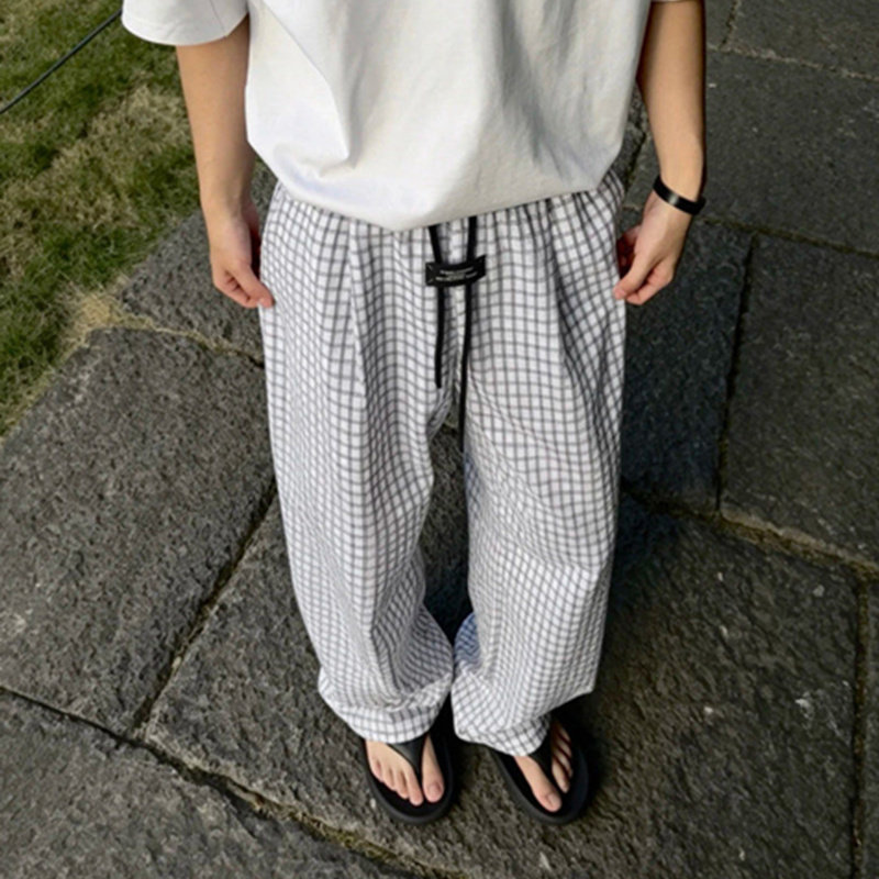 白色泡泡纱冰丝格子裤男款夏季慵懒松弛感格纹裤子薄款透气休闲裤