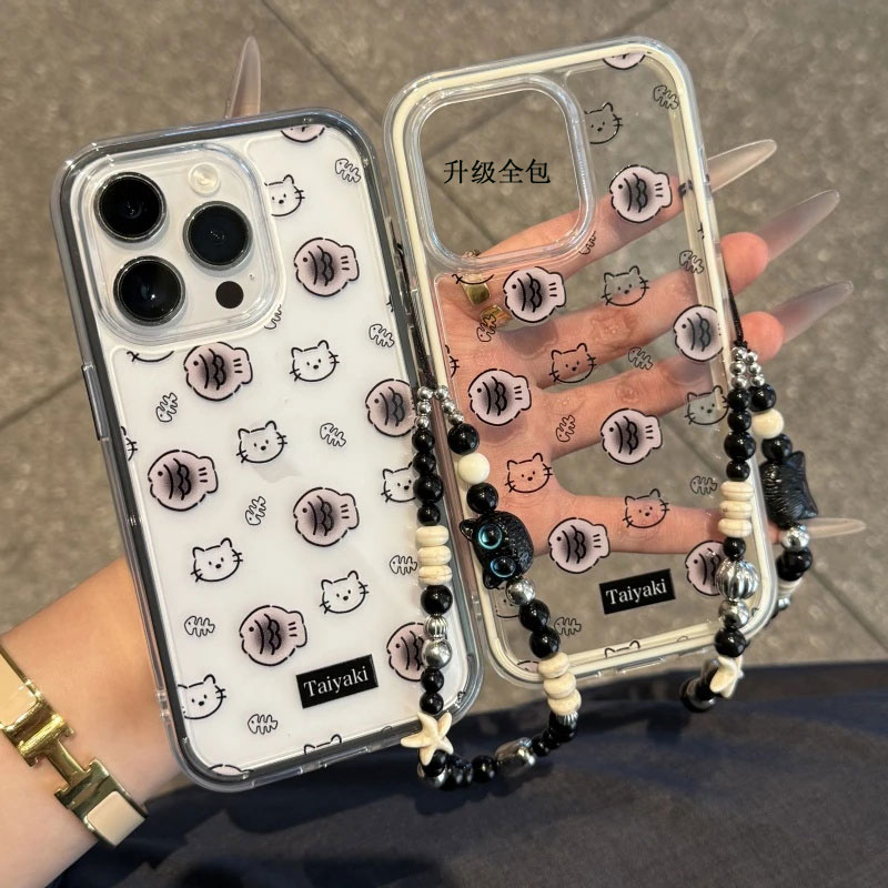 鲷鱼烧黑猫手链适用苹果16手机壳iPhone15promax华为pura80新款mate70可爱vivos30女OPPOreno14红米turbo4pro