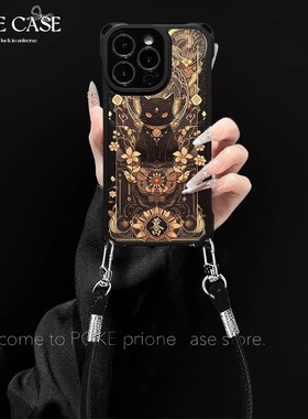 皮纹四角挂绳招财猫适用苹果17手机壳iPhone16Promax新款vivos30华为nova14斜挎OPPOpura80秋冬红米note15pro