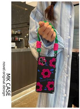 红色小花适用苹果16promax手机壳华为pura70斜挎nova12荣耀x60i挂绳vivos19女OPPOreno12小米14潮iQOOneo9pro