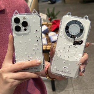 猫耳朵冬日踏雪猫狗适用苹果17手机壳iPhone16 华为mate80透明vivos50可爱nova14情侣reno15小米17pro 15新款