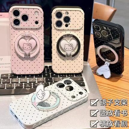 波点爱心猫咪镜子支架适用适用苹果17手机壳iPhone16/15/14PROMAX新款华为Pura90可爱VIVOx300视窗S60红米k90