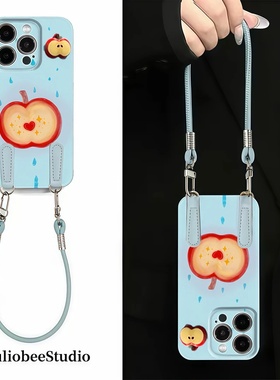 蓝色小雨滴挂绳适用苹果16promax手机壳iPhone15菲林华为nova14/13/12创意vivox200情侣OPPOreno14红米k80pro