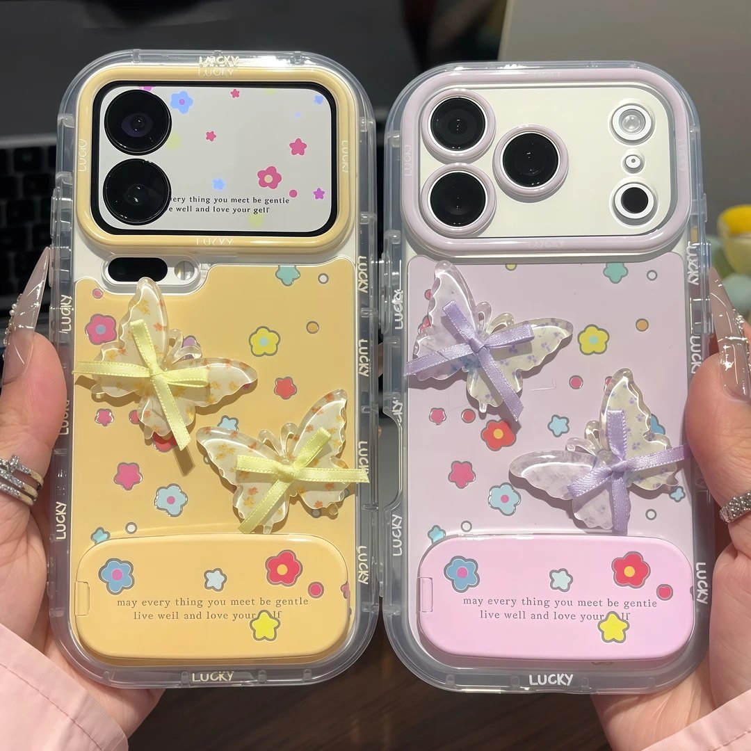 紫黄小碎花蝴蝶支架适用苹果17手机壳iPhone16/15/14promax新款vivo华为p80可爱OPPOA6荣耀500全包红米turbo5
