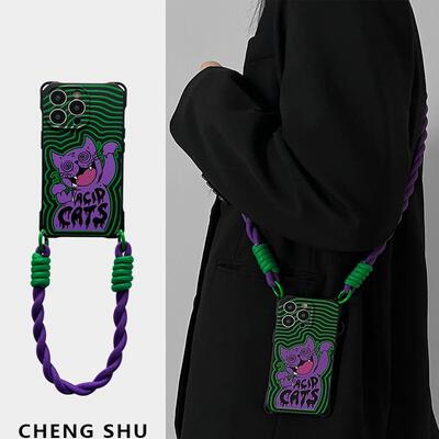 绿纹黑猫适用苹果16手机壳