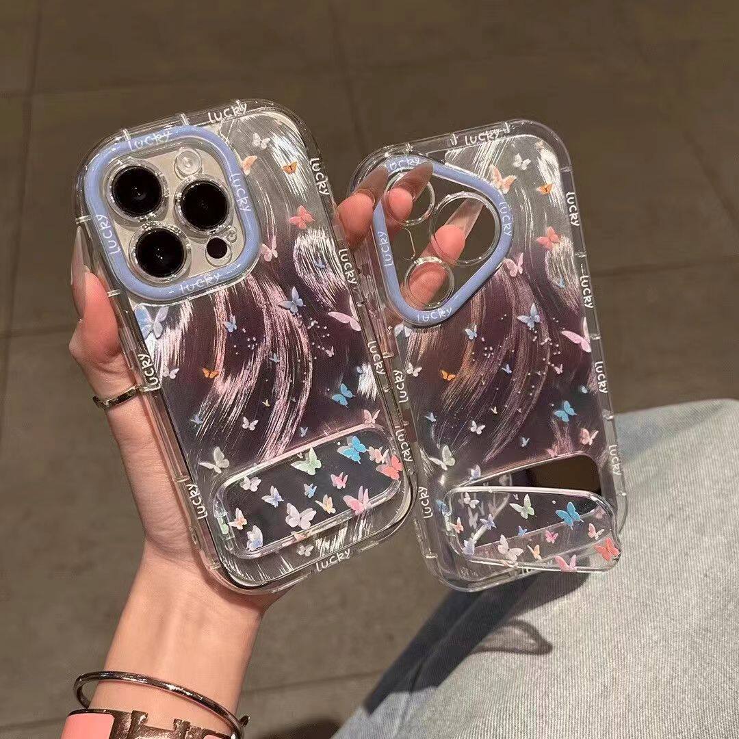 晕染七彩蝴蝶适用苹果16promax手机壳华为pura70新款nova13羽纱vivos20小众OPPOreno13pro镜子支架红米turbo4