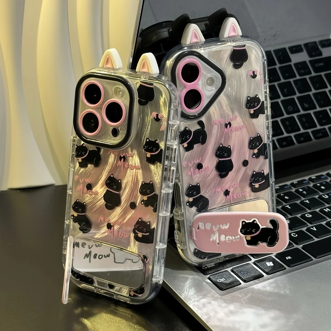 晕染粉小黑猫适用苹果16手机壳iPhone15/14/13promax新款vivos30可爱华为pura80情侣reno14女mate70小米15pro