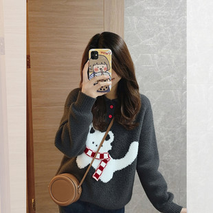 慵懒猫咪提花软糯灰色针织衫毛衣女2025秋冬季氛围感淡人高知上衣