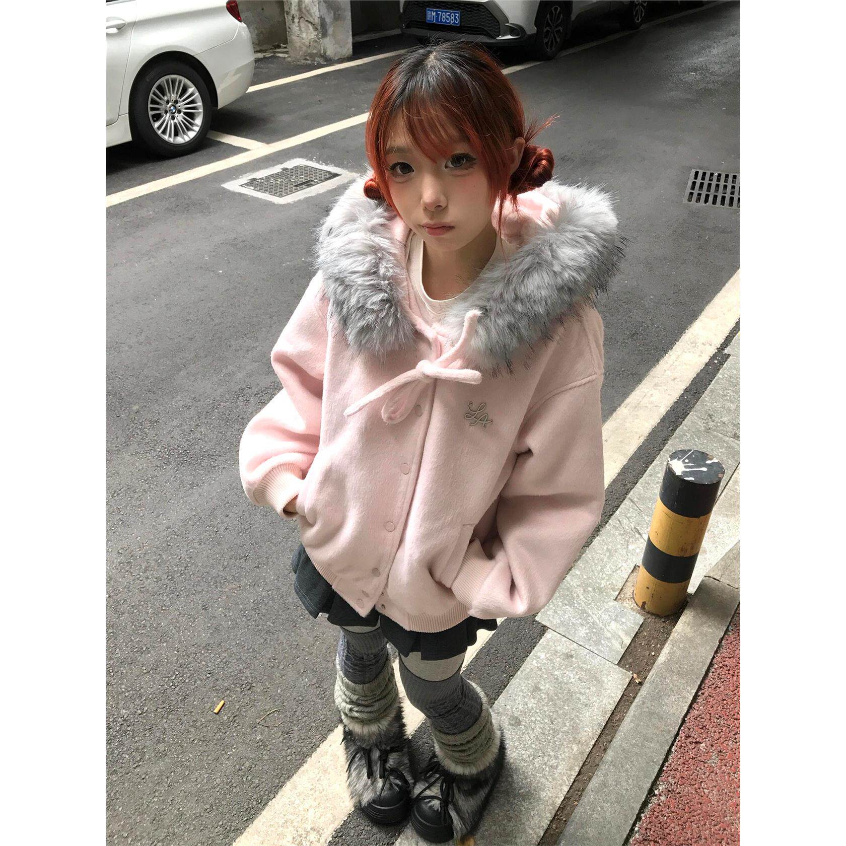 美式粉色大毛领连帽毛呢外套女春秋冬宽松蝴蝶结温柔甜美休闲上衣