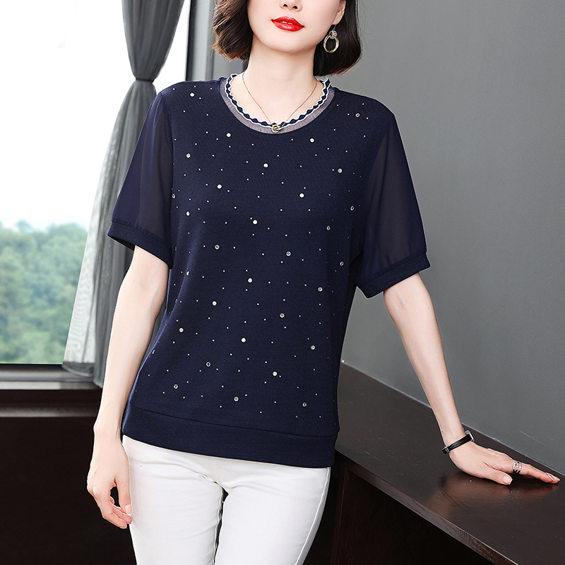 中老年夏装新款宽松拼接衫女短袖t恤夏季妈妈装大码百搭上衣0729u