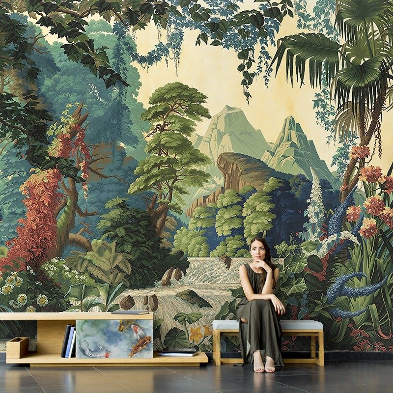 北欧手绘热带雨林风景壁纸客厅沙发电视背景墙纸丛林酒店壁画墙布,家装主材,定制壁画,淘宝优惠券,粉丝福利购,淘宝优惠卷