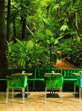 3D热带雨林绿色植物墙纸大自然森林田园风墙布餐厅咖啡厅森系壁纸