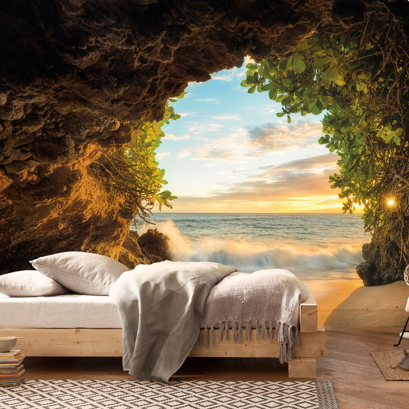 大自然风景空间延伸背景墙纸3D立体山洞海景壁纸餐厅酒吧酒店墙布