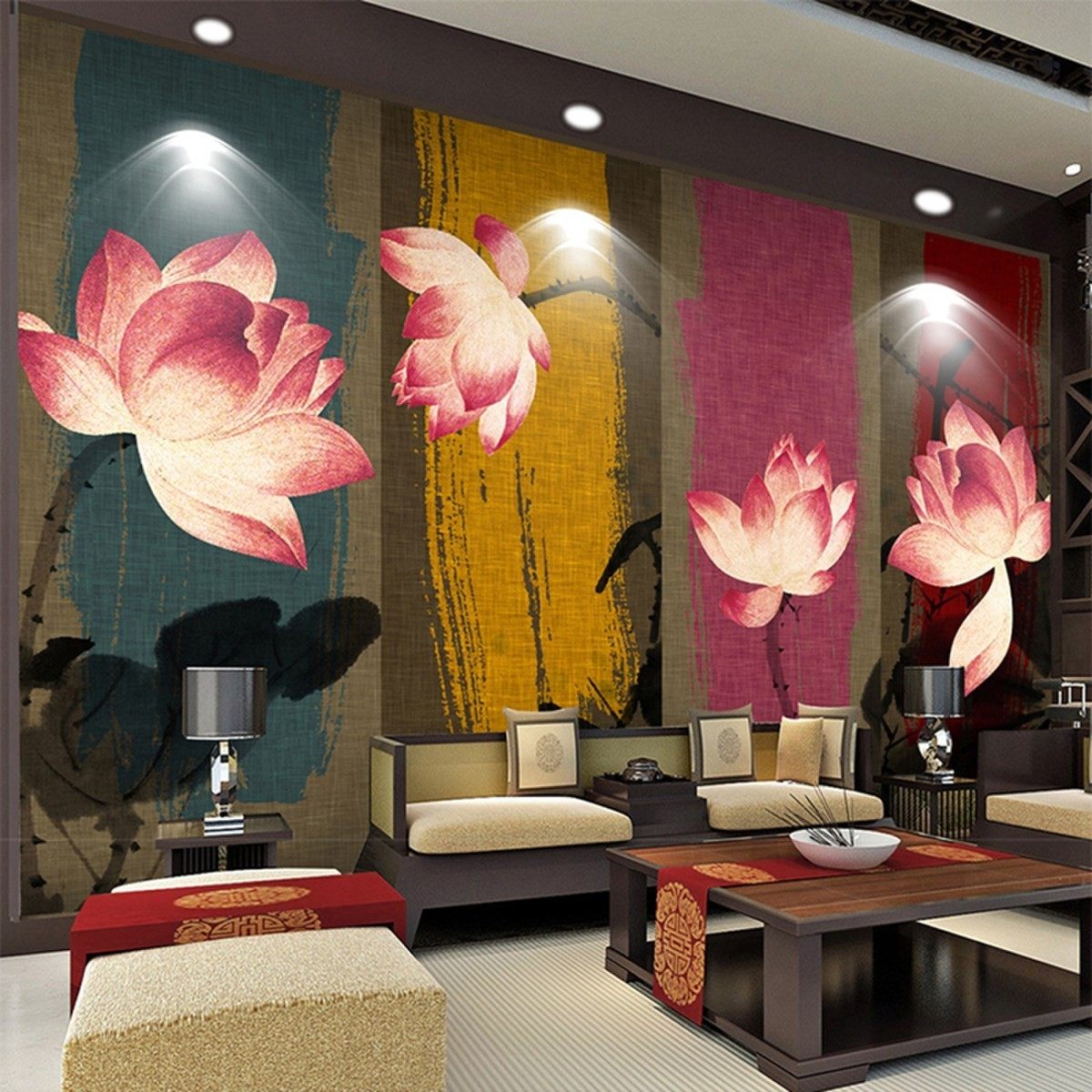 佛系禅意佛手莲花壁纸5D中式荷花养生馆佛堂背景墙纸书房茶室壁纸