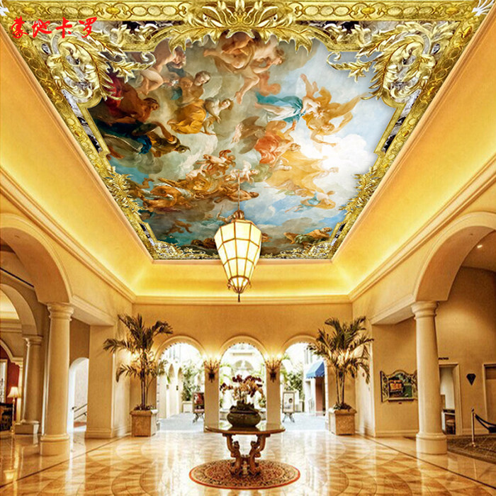 欧式吊顶壁纸酒店会所大堂天花板壁画布客厅吊顶油画人物定制壁布