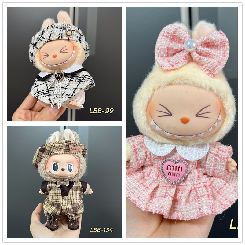 labubu娃衣一二三代3.0拉布布17cm公仔可爱休闲套装裙子毛绒衣服