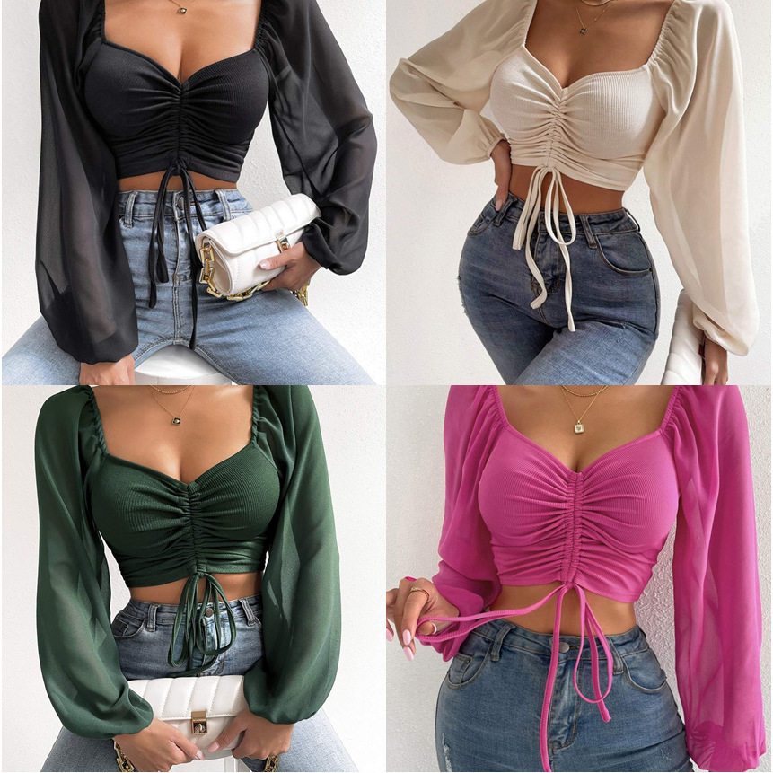 速卖通 欧美女装2024低胸性感V领拼接雪纺抽绳灯笼袖修身显瘦上衣