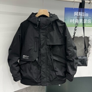 男士2025年秋冬新款连帽工装夹克加厚外套流行加厚保暖二棉冲锋衣