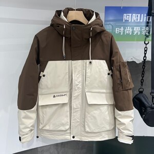 男士秋冬新款羽绒服连帽工装加厚保暖冲锋衣拼色潮流百搭青年外穿