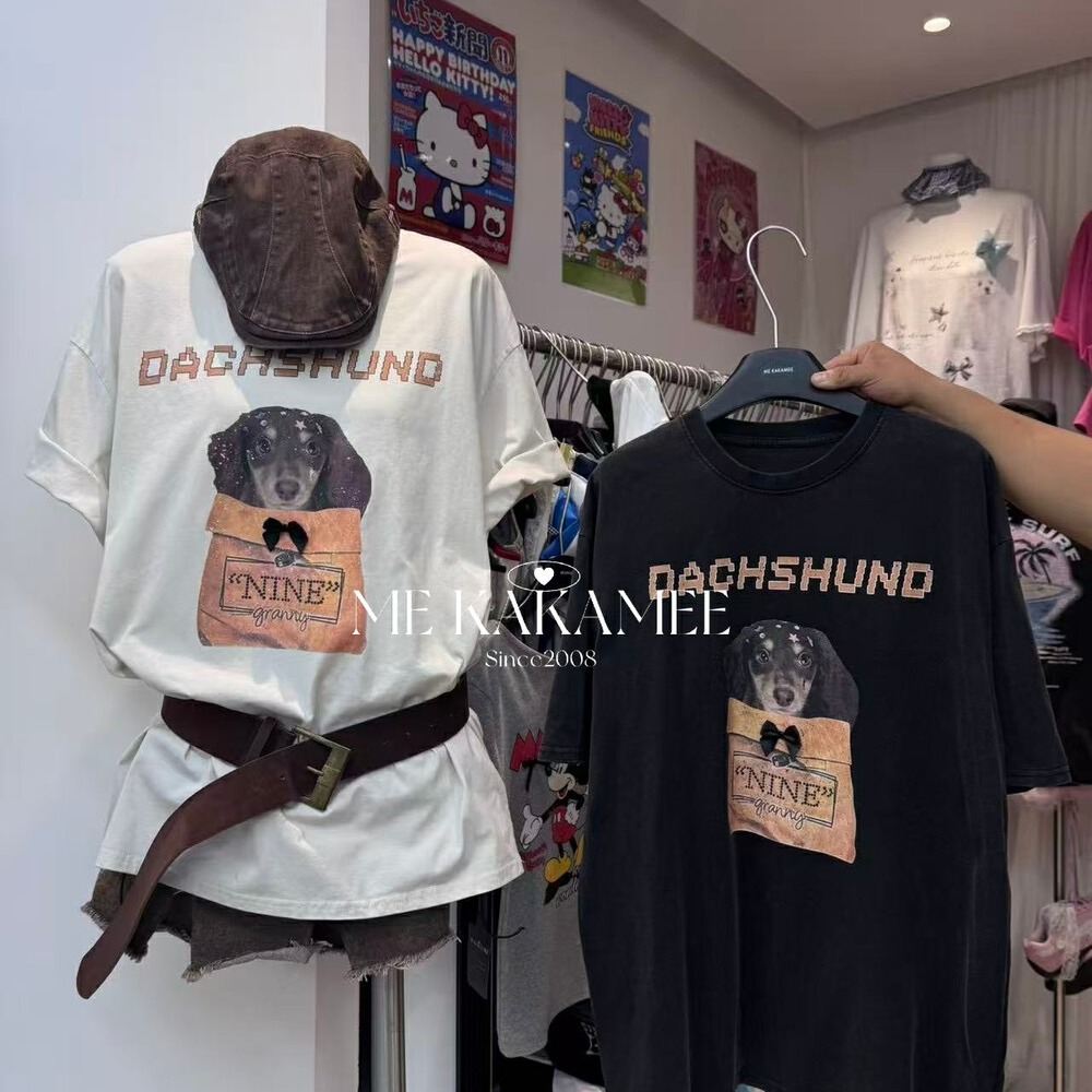 狗狗印花蝴蝶结宽松圆领短袖T恤