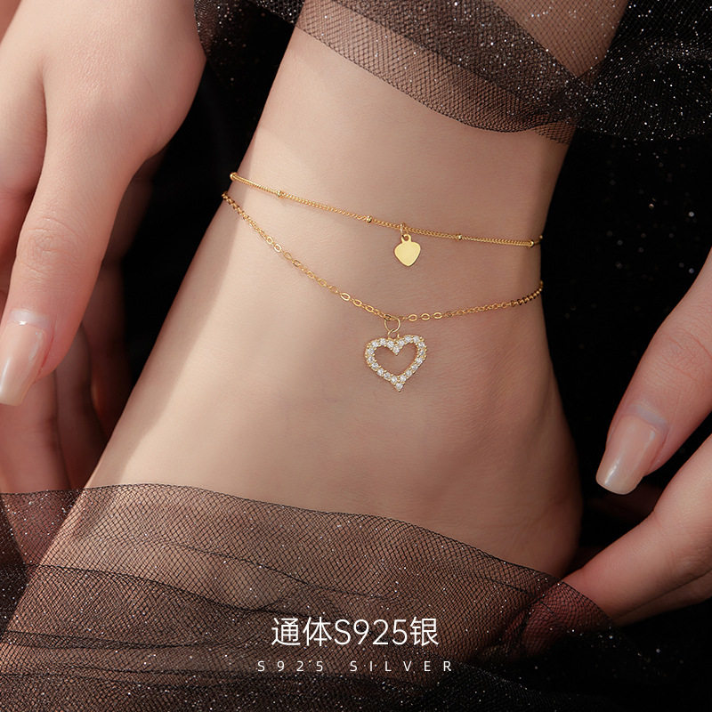 s925纯银高级感气质镂空爱心双层脚链女简约精致心形吊牌脚饰礼物