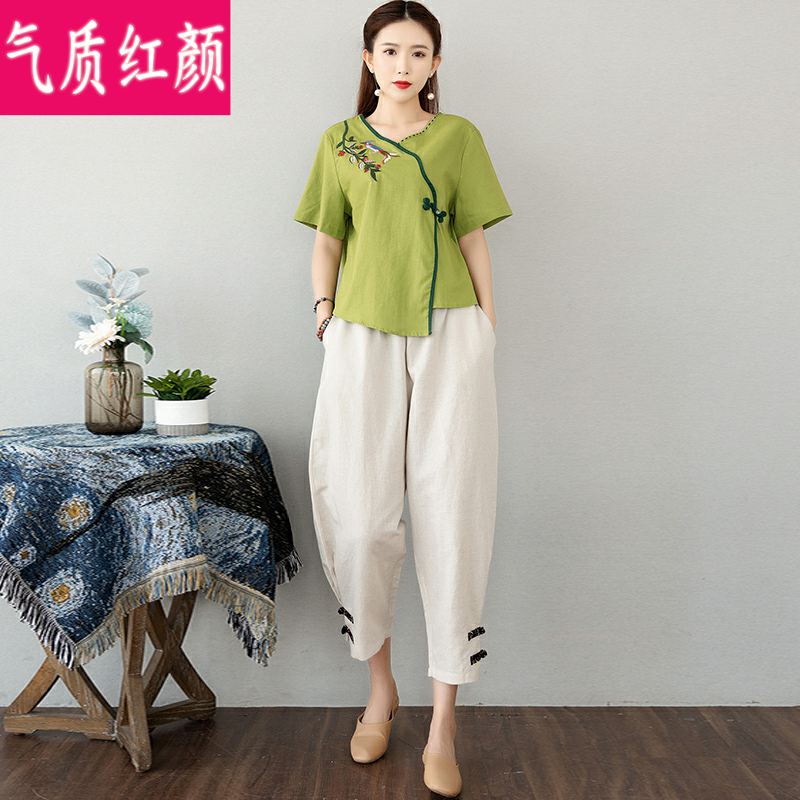中国风棉麻套装女复古禅意茶服中式唐装短袖v领上衣哈伦裤两件套