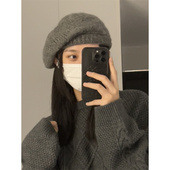 很好带 贝雷帽慵懒风兔毛毛线画家帽大头围圆脸秋冬帽子女显脸小