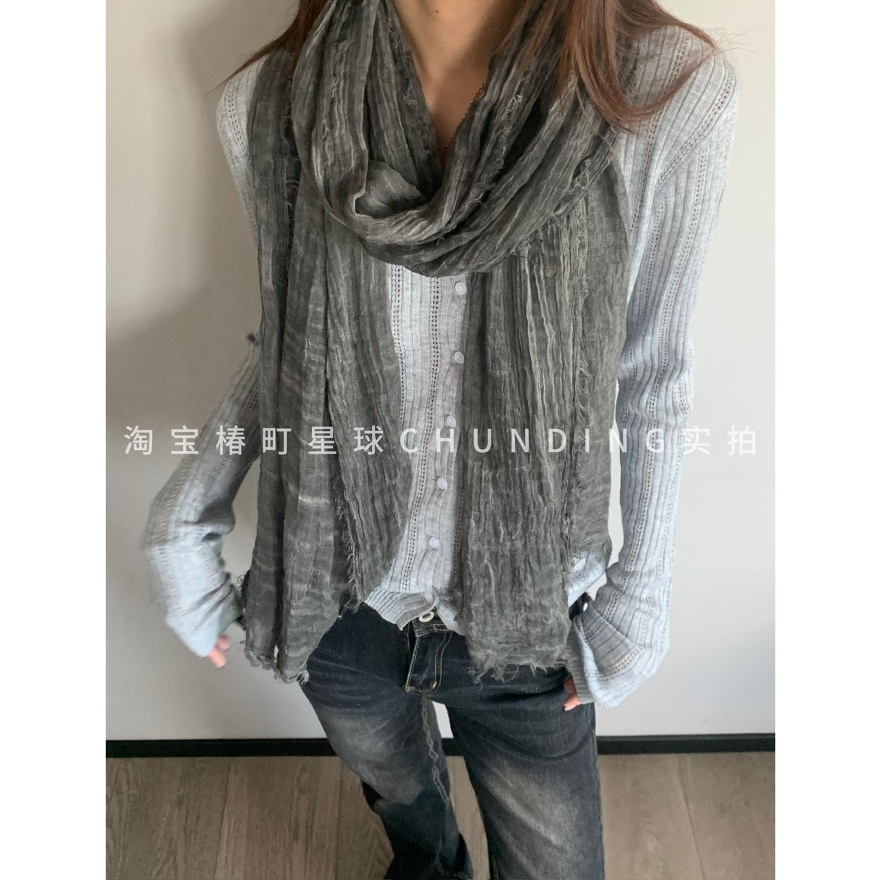 慵懒随性褶皱棉麻丝巾女百搭细长款装饰围巾早秋出游文艺纯色围脖