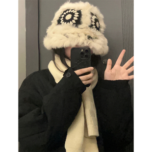 氛围感小狮子 醒狮渔夫帽手工兔毛盆帽针织帽秋冬保暖老虎帽子女