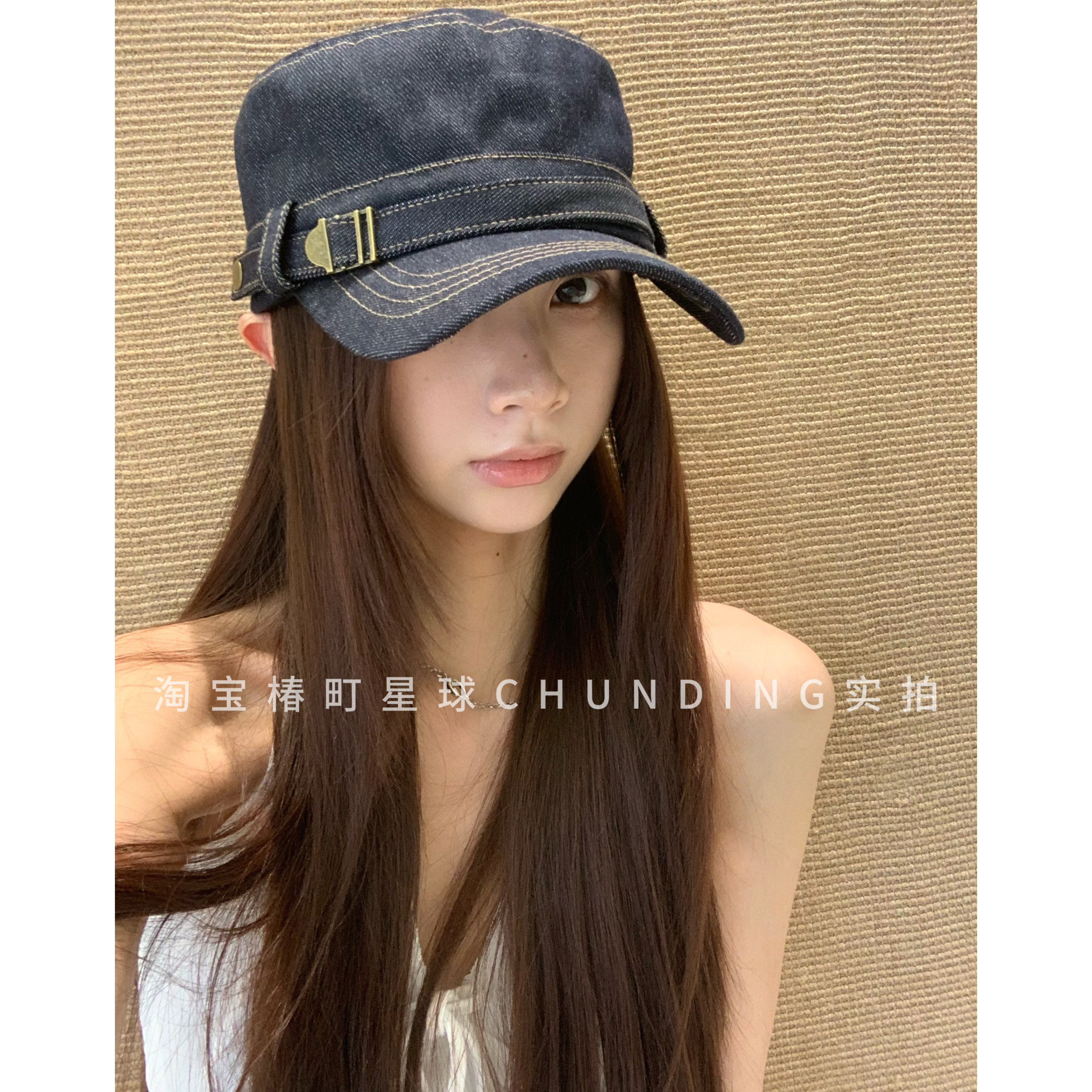 精致姐感~韩系ins复古牛仔平顶帽女时髦显脸小百搭报童帽马术帽