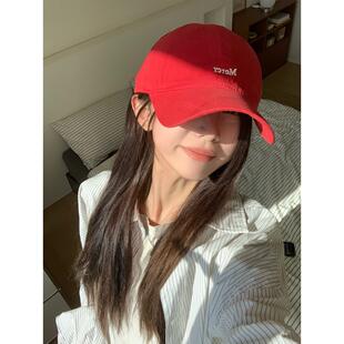 活力小红帽简约字母刺绣红色帽子大头围显脸小棒球帽百搭韩鸭舌帽