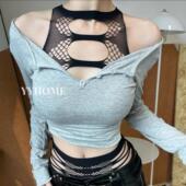 上衣心机内搭 渔网千禧辣妹镂空破洞弹力修身