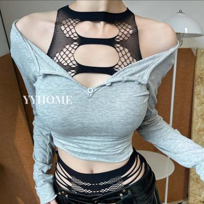 『Cm』渔网千禧辣妹镂空破洞弹力修身上衣心机内搭