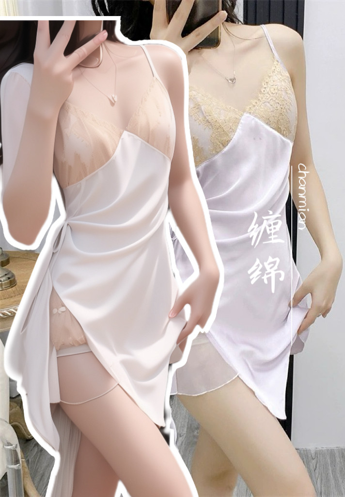 『缠绵』春夏新款日韩小清新女冰丝带胸垫吊带睡裙蕾丝花边睡衣