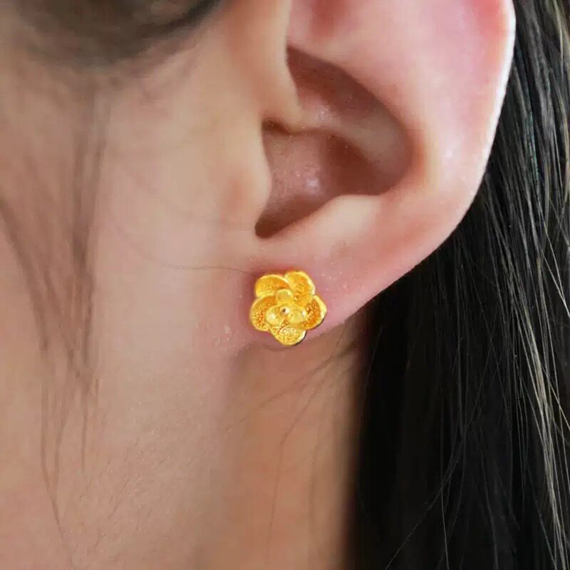 沙金花朵女气质百搭精致小巧芙蓉花耳钉一对结婚假黄金高保色送礼