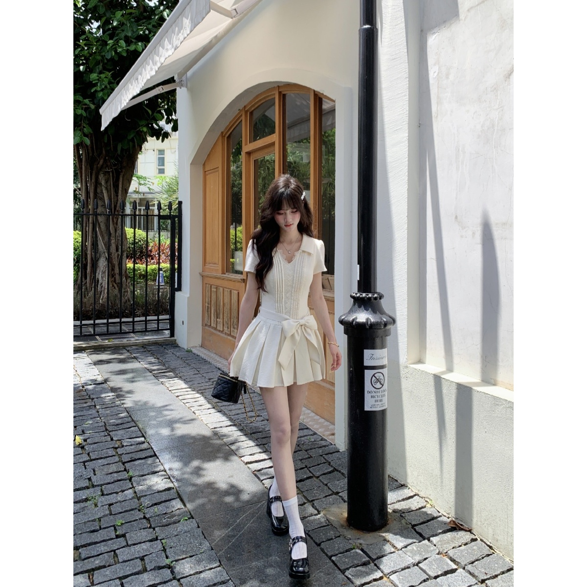 越韩小鱼 古董玛德琳 法式复古千金风蕾丝蝴蝶结百褶连衣裙女夏季